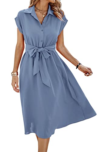 ASOMI Sommerkleid Damen Hemdkleid Kurzarm: Elegant Kurzarm Strandkleid Büro Wickelkleid Mode Tasche Hemdblusenkleid Lässig Blusenkleid Midikleid Knopf Plisseekleid V-Ausschnitt Gürtel A-Blau L von ASOMI