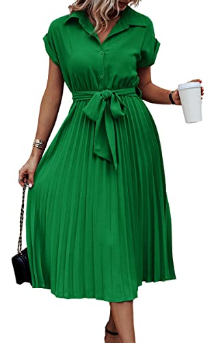 ASOMI Sommerkleid Damen Knielang Strandkleid Damen Hawaii Wickelkleid Damen Sommer Kleid Damen Elegant Blusenkleid Damen Frühling Kurzarm Midikleid Damen V-Ausschnitt Knopf B-Grün M von ASOMI