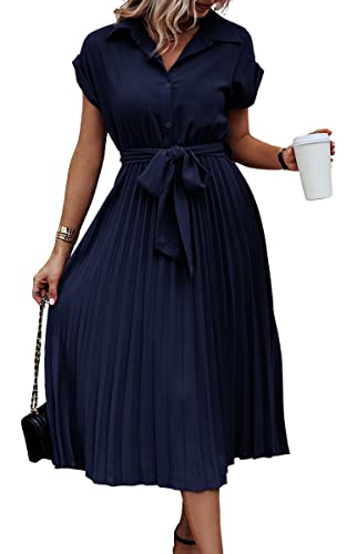 ASOMI Sommerkleid Damen Hemdkleid Kurzarm: Elegant Kurzarm Strandkleid Büro Wickelkleid Mode Tasche Hemdblusenkleid Lässig Blusenkleid Midikleid Knopf Plisseekleid V-Ausschnitt Gürtel B-Dunkelblau L von ASOMI