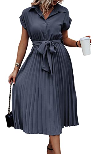 ASOMI Sommerkleid Damen Hemdkleid Kurzarm: Elegant Kurzarm Strandkleid Büro Wickelkleid Mode Tasche Hemdblusenkleid Lässig Blusenkleid Midikleid Knopf Plisseekleid V-Ausschnitt Gürtel B-Graublau M von ASOMI