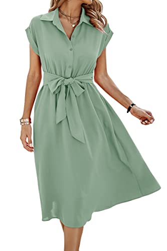 ASOMI Sommerkleid Damen Hemdkleid Kurzarm: Elegant Kurzarm Strandkleid Büro Wickelkleid Mode Tasche Hemdblusenkleid Lässig Blusenkleid Midikleid Knopf Plisseekleid V-Ausschnitt Gürtel Lichtgrün L von ASOMI