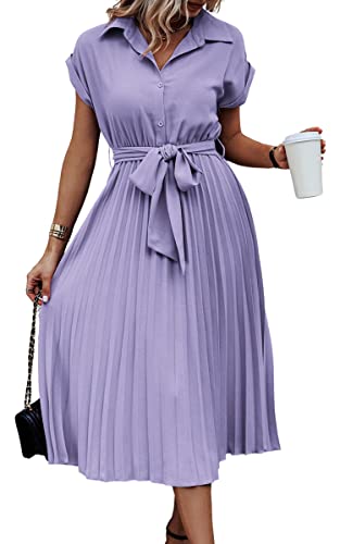 ASOMI Sommerkleid Damen Knielang Strandkleid Damen Hawaii Wickelkleid Damen Sommer Kleid Damen Elegant Blusenkleid Damen Frühling Kurzarm Midikleid Damen V-Ausschnitt Knopf B-Lila XL von ASOMI