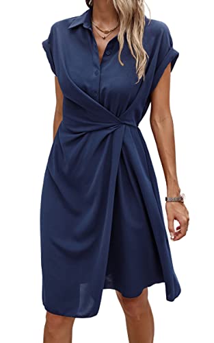 ASOMI Sommerkleid Damen Knielang Strandkleid Damen Hawaii Wickelkleid Damen Sommer Kleid Damen Elegant Blusenkleid Damen Frühling Kurzarm Midikleid Damen V-Ausschnitt Knopf D-Dunkelblau M von ASOMI