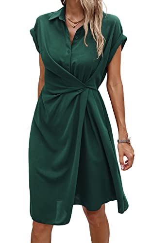 ASOMI Sommerkleid Damen Knielang Strandkleid Damen Hawaii Wickelkleid Damen Sommer Kleid Damen Elegant Blusenkleid Damen Frühling Kurzarm Midikleid Damen V-Ausschnitt Knopf D-Grün L von ASOMI