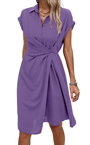 ASOMI Sommerkleid Damen Knielang Strandkleid Damen Hawaii Wickelkleid Damen Sommer Kleid Damen Elegant Blusenkleid Damen Frühling Kurzarm Midikleid Damen V-Ausschnitt Knopf D-Lila L von ASOMI