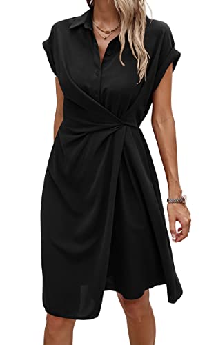 ASOMI Sommerkleid Damen Knielang Strandkleid Damen Hawaii Wickelkleid Damen Sommer Kleid Damen Elegant Blusenkleid Damen Frühling Kurzarm Midikleid Damen V-Ausschnitt Knopf D-Schwarz L von ASOMI