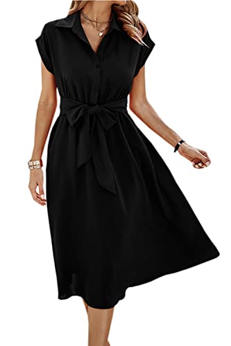 ASOMI Sommerkleid Damen Knielang Strandkleid Damen Hawaii Wickelkleid Damen Sommer Kleid Damen Elegant Blusenkleid Damen Frühling Kurzarm Midikleid Damen V-Ausschnitt Knopf A-Schwarz S von ASOMI