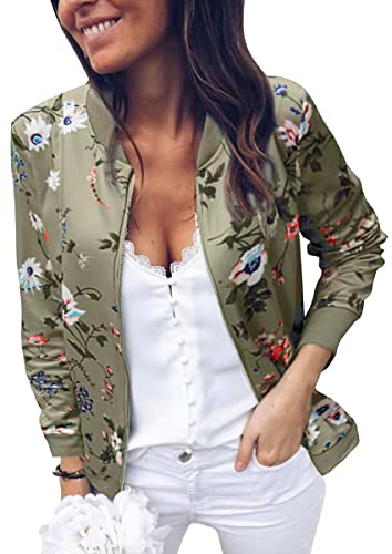 ASOMI Winterjacke Damen Sommer: Frühling Herbst Übergangsjacke Cardigan Blumen Bomberjacke Boho Blouson Jacke Leicht Langarm Leopard Blazer Elegant Reissverschluss Tasche A-Armee Grün M von ASOMI