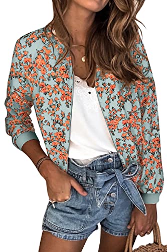 ASOMI Winterjacke Damen Sommer: Frühling Herbst Übergangsjacke Cardigan Blumen Bomberjacke Boho Blouson Jacke Leicht Langarm Leopard Blazer Elegant Reissverschluss Tasche A-Blau Blumen L von ASOMI