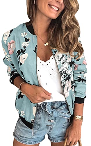 ASOMI Winterjacke Damen Sommer: Frühling Herbst Übergangsjacke Cardigan Blumen Bomberjacke Boho Blouson Jacke Leicht Langarm Leopard Blazer Elegant Reissverschluss Tasche A-Blau L von ASOMI