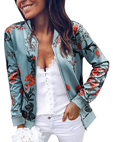 ASOMI Winterjacke Damen Sommer: Frühling Herbst Übergangsjacke Cardigan Blumen Bomberjacke Boho Blouson Jacke Leicht Langarm Leopard Blazer Elegant Reissverschluss Tasche A-Blau Schwarz M von ASOMI