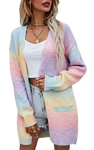 ASOMI Strickjacke Damen Langarm Regenbogen: Winter Herbst Frühling Übergangsjacke Mode Softshelljacke Lässig Pullover Pulli Cardigan Elegant Gestrickt Bunt Streifen Tasche Freizeitjacke AA-Rosa XL von ASOMI