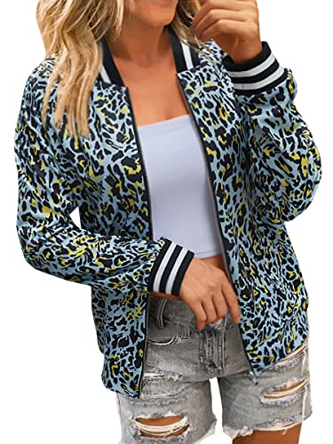 ASOMI Winterjacke Damen Sommer: Frühling Herbst Übergangsjacke Cardigan Blumen Bomberjacke Boho Blouson Jacke Leicht Langarm Leopard Blazer Elegant Reissverschluss Tasche A-Blau Leopard S von ASOMI