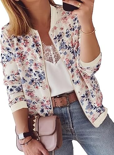 ASOMI Winterjacke Damen Sommer: Frühling Herbst Übergangsjacke Cardigan Blumen Bomberjacke Boho Blouson Jacke Leicht Langarm Leopard Blazer Elegant Reissverschluss Tasche C-Blaue Blumen M von ASOMI