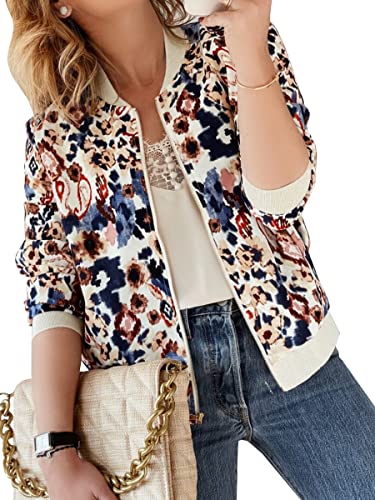 ASOMI Winterjacke Damen Sommer: Frühling Herbst Übergangsjacke Cardigan Blumen Bomberjacke Boho Blouson Jacke Leicht Langarm Leopard Blazer Elegant Reissverschluss Tasche C-Leopard Blumen XL von ASOMI