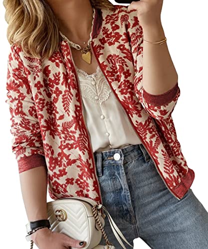 ASOMI Winterjacke Damen Sommer: Frühling Herbst Übergangsjacke Cardigan Blumen Bomberjacke Boho Blouson Jacke Leicht Langarm Leopard Blazer Elegant Reissverschluss Tasche C-Rot L von ASOMI