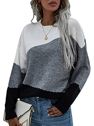 ASOMI Strickpullover Damen Gestreift Kariert: Elegant Rollkragen Pullover Winterpullover Warm Herbst Strickpulli Lässig Rundhals Farbblock Pulli Langarm Mode Übergangspullover 96Grau M von ASOMI