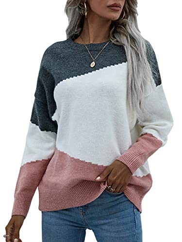 ASOMI Strickpullover Damen Gestreift Kariert: Elegant Rollkragen Pullover Winterpullover Warm Herbst Strickpulli Lässig Rundhals Farbblock Pulli Langarm Mode Übergangspullover 16Weiß L von ASOMI