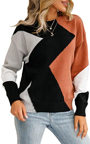 ASOMI Strickpullover Damen Gestreift Kariert: Elegant Rollkragen Pullover Winterpullover Warm Herbst Strickpulli Lässig Rundhals Farbblock Pulli Langarm Mode Übergangspullover 12Braun M von ASOMI