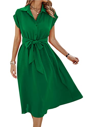 ASOMI Sommerkleid Damen Hemdkleid Kurzarm: Elegant Kurzarm Strandkleid Büro Wickelkleid Mode Tasche Hemdblusenkleid Lässig Blusenkleid Midikleid Knopf Plisseekleid V-Ausschnitt Gürtel A-Grün XL von ASOMI