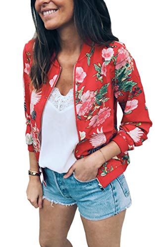 ASOMI Winterjacke Damen Sommer: Frühling Herbst Übergangsjacke Cardigan Blumen Bomberjacke Boho Blouson Jacke Leicht Langarm Leopard Blazer Elegant Reissverschluss Tasche 32Rot XL von ASOMI