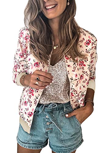 ASOMI Winterjacke Damen Sommer: Frühling Herbst Übergangsjacke Cardigan Blumen Bomberjacke Boho Blouson Jacke Leicht Langarm Leopard Blazer Elegant Reissverschluss Tasche AA-Rosa M von ASOMI