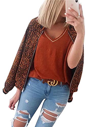 ASOMI Winterjacke Damen Sommer: Frühling Herbst Übergangsjacke Cardigan Blumen Bomberjacke Boho Blouson Jacke Leicht Langarm Leopard Blazer Elegant Reissverschluss Tasche A-Ziegelrot S von ASOMI