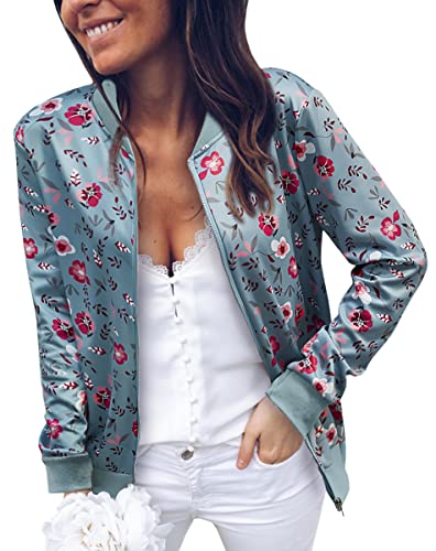 ASOMI Winterjacke Damen Sommer: Frühling Herbst Übergangsjacke Cardigan Blumen Bomberjacke Boho Blouson Jacke Leicht Langarm Leopard Blazer Elegant Reissverschluss Tasche AA-Blau Rosa M von ASOMI