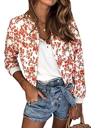 ASOMI Winterjacke Damen Sommer: Frühling Herbst Übergangsjacke Cardigan Blumen Bomberjacke Boho Blouson Jacke Leicht Langarm Leopard Blazer Elegant Reissverschluss Tasche AA-Weiß Blumen L von ASOMI