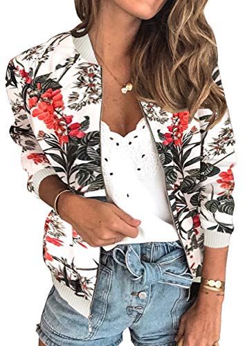 ASOMI Winterjacke Damen Sommer: Frühling Herbst Übergangsjacke Cardigan Blumen Bomberjacke Boho Blouson Jacke Leicht Langarm Leopard Blazer Elegant Reissverschluss Tasche AA-Weiß M von ASOMI