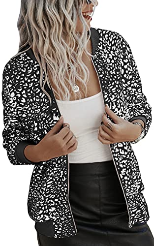 ASOMI Winterjacke Damen Sommer: Frühling Herbst Übergangsjacke Cardigan Blumen Bomberjacke Boho Blouson Jacke Leicht Langarm Leopard Blazer Elegant Reissverschluss Tasche B-Schwarz M von ASOMI