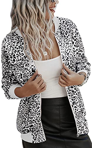 ASOMI Winterjacke Damen Sommer: Frühling Herbst Übergangsjacke Cardigan Blumen Bomberjacke Boho Blouson Jacke Leicht Langarm Leopard Blazer Elegant Reissverschluss Tasche B-Weiß S von ASOMI