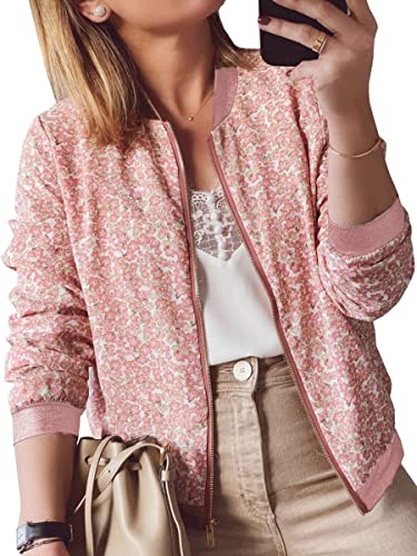 ASOMI Winterjacke Damen Sommer: Frühling Herbst Übergangsjacke Cardigan Blumen Bomberjacke Boho Blouson Jacke Leicht Langarm Leopard Blazer Elegant Reissverschluss Tasche C-Rosa L von ASOMI