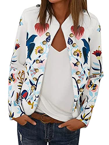 ASOMI Winterjacke Damen Sommer: Frühling Herbst Übergangsjacke Cardigan Blumen Bomberjacke Boho Blouson Jacke Leicht Langarm Leopard Blazer Elegant Reissverschluss Tasche D-Weiß M von ASOMI