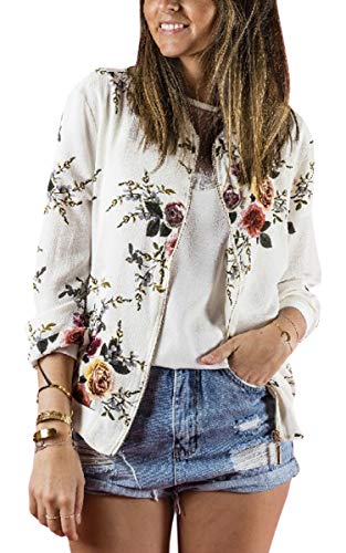 ASOMI Winterjacke Damen Sommer: Frühling Herbst Übergangsjacke Cardigan Blumen Bomberjacke Boho Blouson Jacke Leicht Langarm Leopard Blazer Elegant Reissverschluss Tasche 32Weiß XL von ASOMI