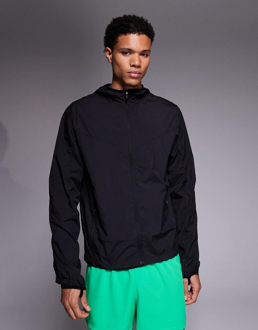 4505 - Leichte, kastige Laufjacke aus wasserabweisendem Knitter-Nylon in Schwarz mit Kapuze von 4505