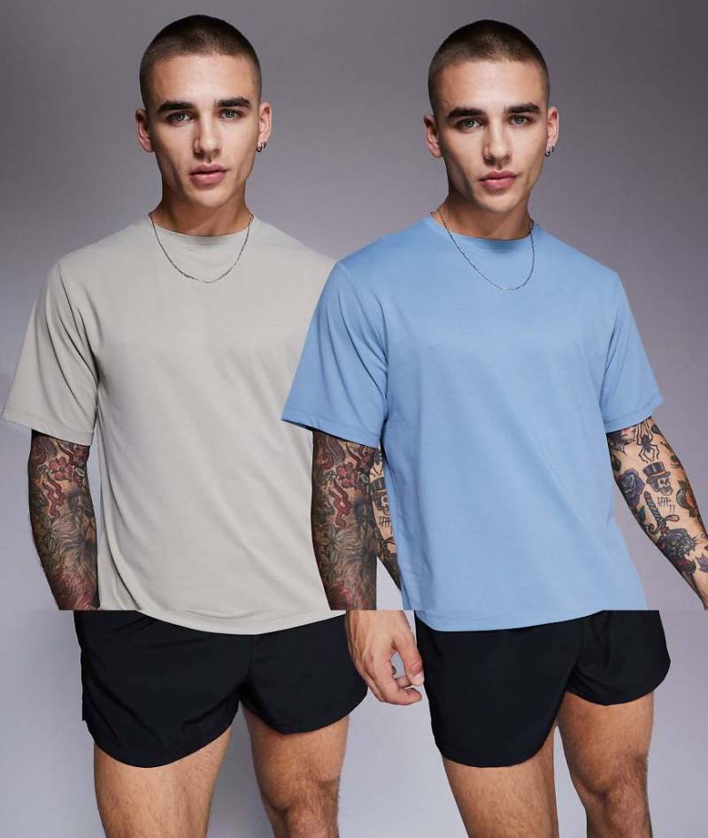 4505 - Icon - 2er-Pack schnell trocknende Sport-T-Shirts in Taupe und Schieferblau-Bunt von 4505