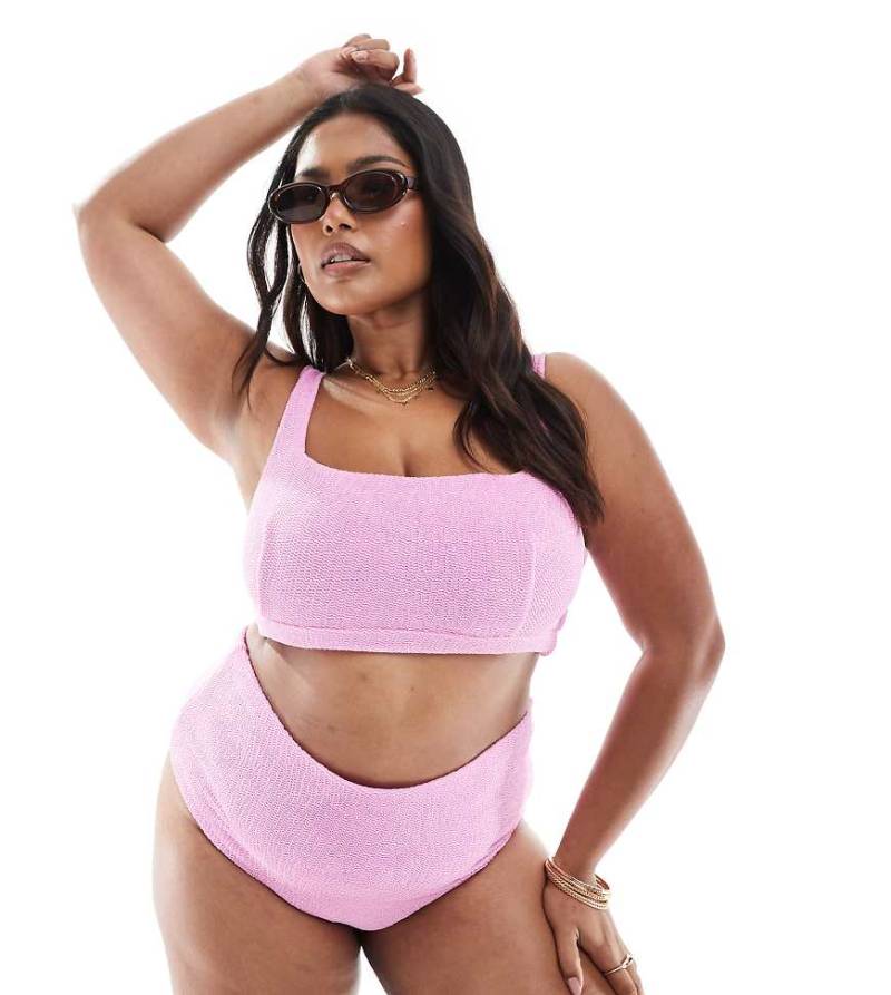 ASOS DESIGN Curve - Charlene - Bikinihose in Hellrosa mit Struktur, hohem Bund und hohem Beinausschnitt von ASOS Curve