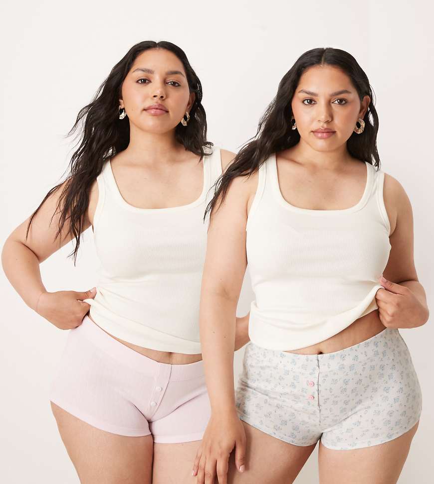 ASOS DESIGN Curve - 2er-Pack Boxershorts aus Pointelle in Rosa und mit Blumenmuster-Bunt ASOS DESIGN Curve - 2er-Pack Boxershorts aus Pointelle in Rosa und mit Blumenmuster-Bunt von ASOS Curve
