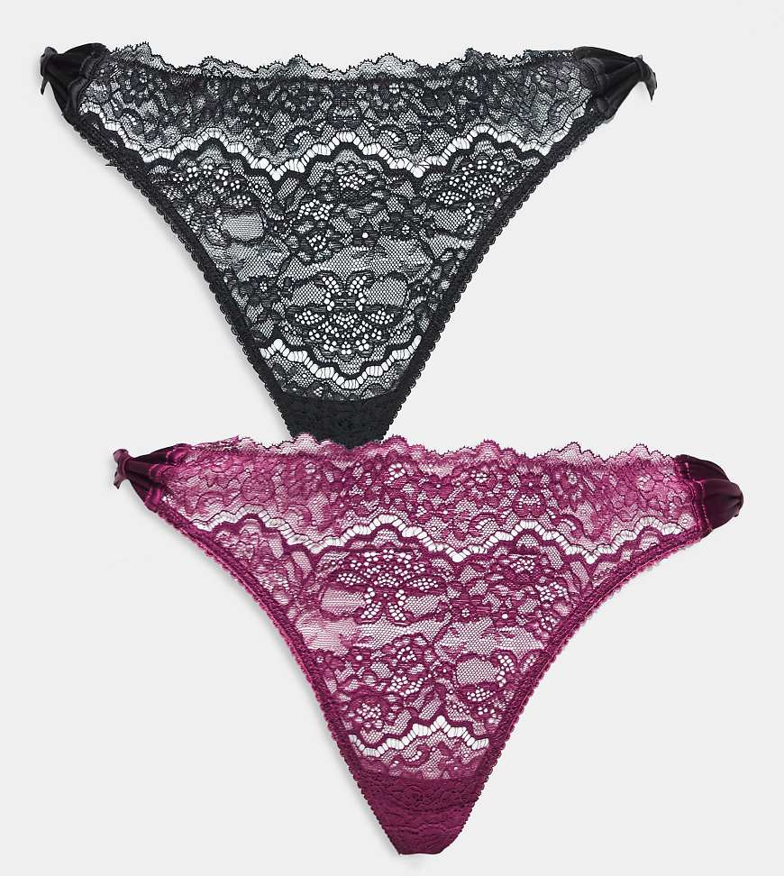 ASOS DESIGN Curve - 2er-Pack Tangas aus Spitze in Magenta und Schwarz mit Schleifendetails-Bunt von ASOS Curve