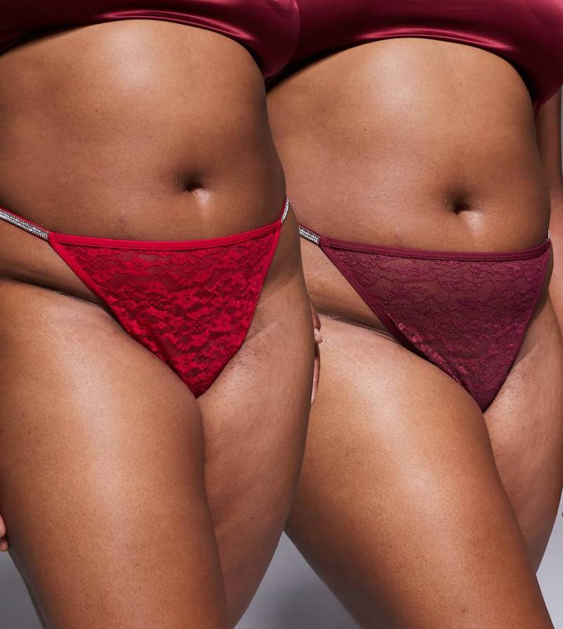 ASOS DESIGN Curve - 2er-Pack Tangas in Kirschrot und Burgunderrot mit Schmucksteinen von ASOS Curve