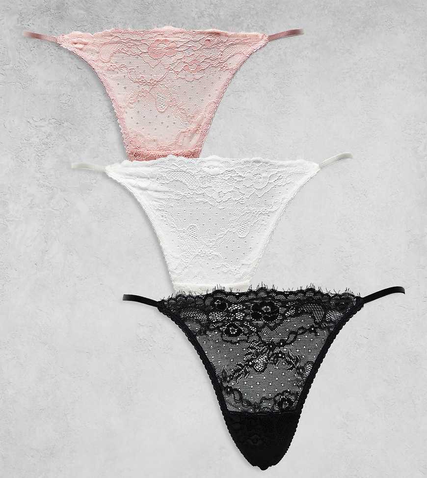 ASOS DESIGN Curve - 3er-Pack String-Tangas aus Spitze in Schwarz, Weiß und Staubrosa-Bunt ASOS DESIGN Curve - 3er-Pack String-Tangas aus Spitze in Schwarz, Weiß und Staubrosa-Bunt von ASOS Curve