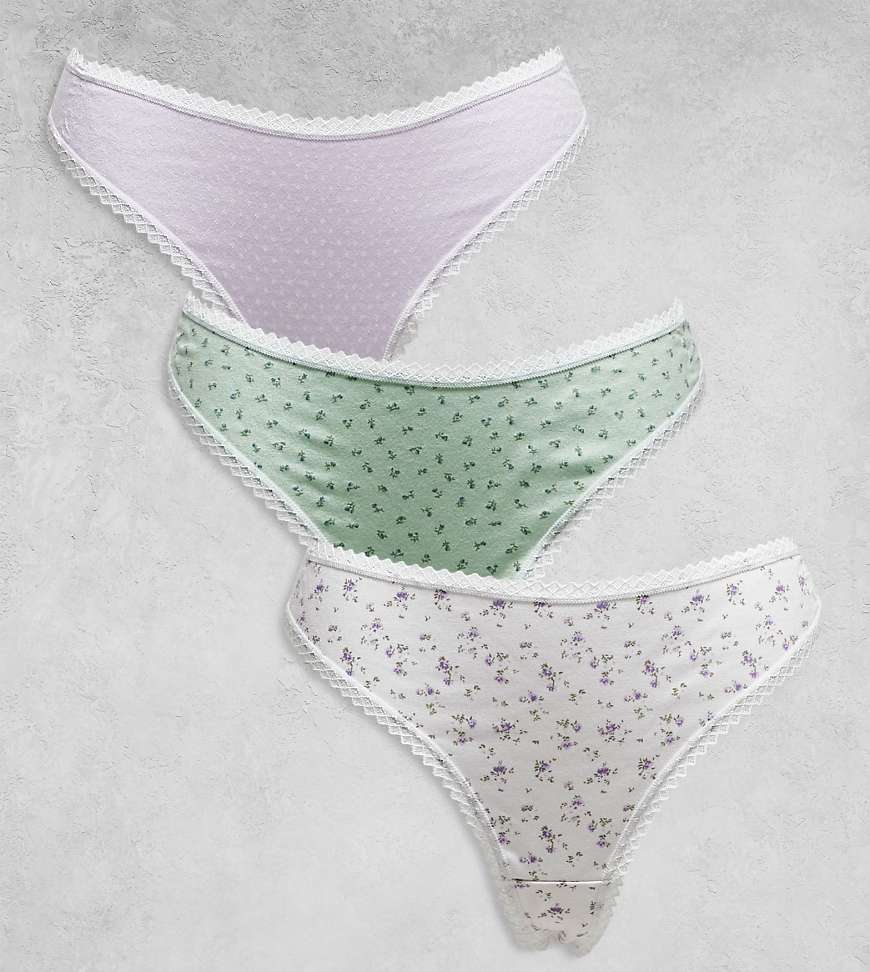 ASOS DESIGN Curve - 3er-Pack Tangas aus Pointelle in Flieder mit Spitzenbesatz und Blümchenmuster-Bunt ASOS DESIGN Curve - 3er-Pack Tangas aus Pointelle in Flieder mit Spitzenbesatz und Blümchenmuster-Bunt von ASOS Curve