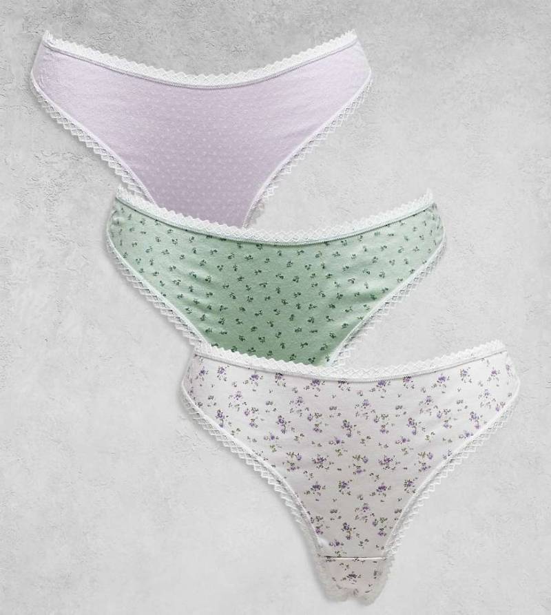 ASOS DESIGN Curve - 3er-Pack Tangas aus Pointelle in Flieder mit Spitzenbesatz und Blümchenmuster-Bunt von ASOS Curve