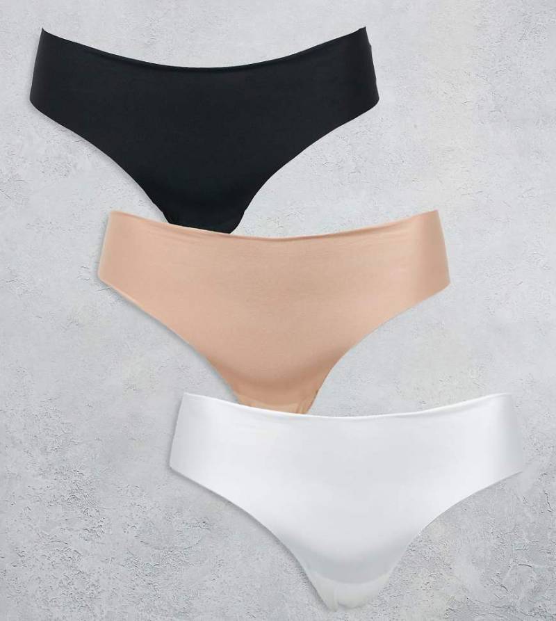 ASOS DESIGN Curve - 3er-Pack sich nicht abzeichnende Tangas in Schwarz, Weiß und Beige mit Spitzeneinsatz-Bunt von ASOS Curve
