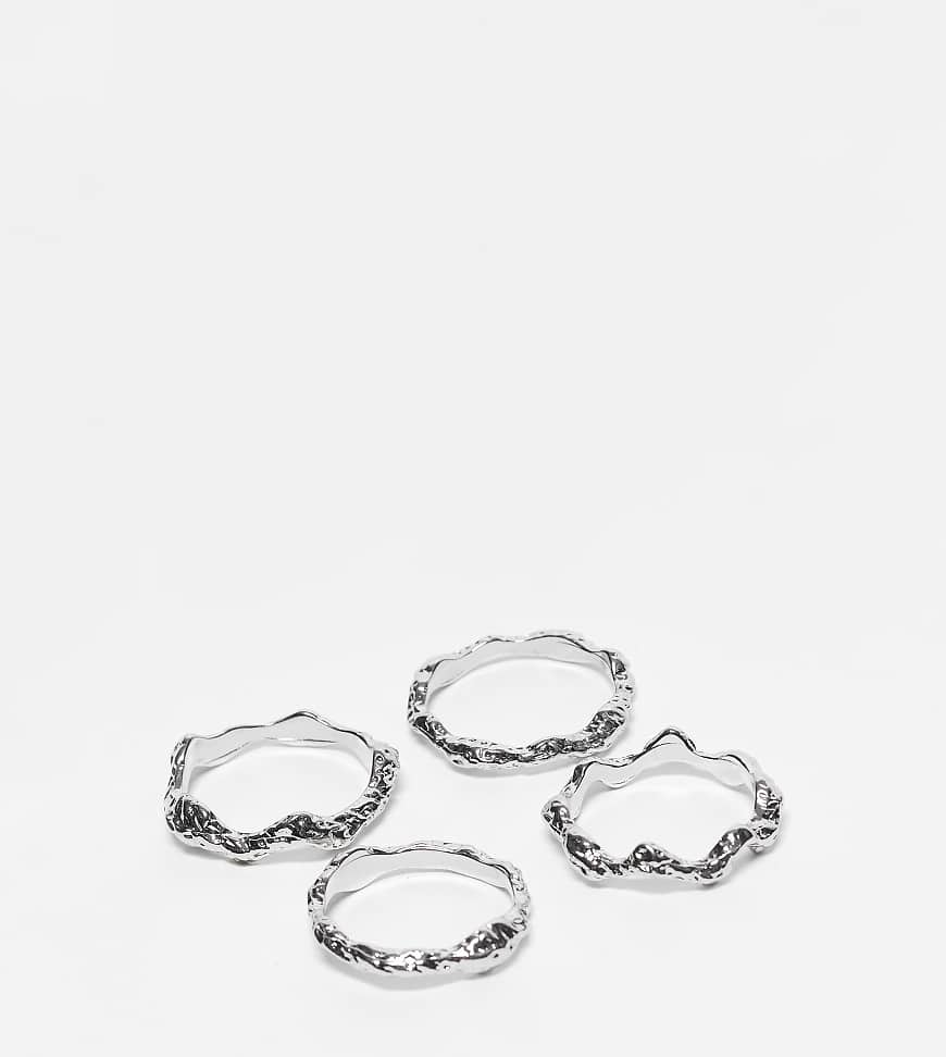 ASOS DESIGN Curve - 4er-Pack silberfarbene Stapelringe mit gehämmertem Design von ASOS Curve