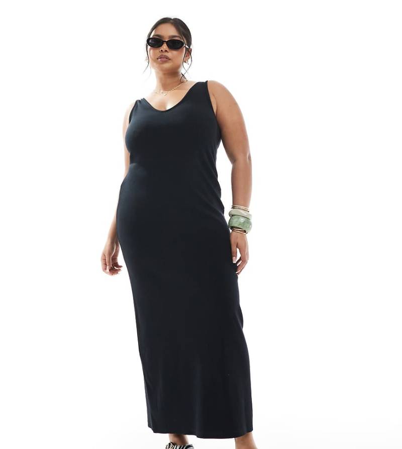 ASOS DESIGN Curve - Ärmelloses, geripptes Midaxi-Kleid in Schwarz mit V-Ausschnitt von ASOS Curve