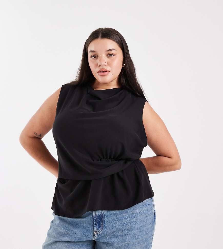 ASOS DESIGN Curve - Ärmelloses Oberteil in Schwarz mit Wasserfallausschnitt und verdrehtem Taillendetail von ASOS Curve