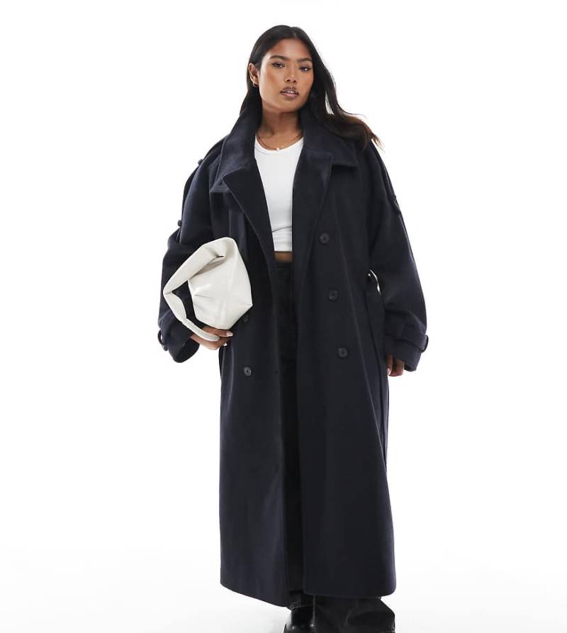 ASOS DESIGN Curve - Angerauter Longline-Trenchcoat in Marineblau mit Stehkragen von ASOS Curve