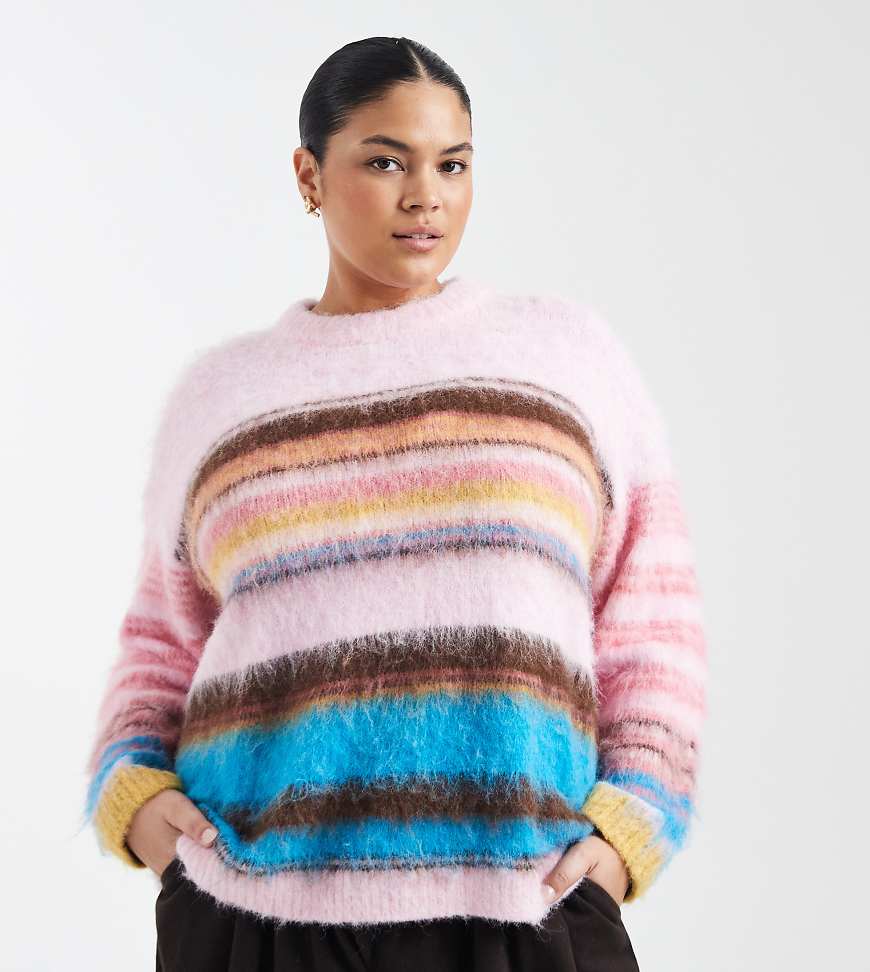 ASOS DESIGN Curve - Angerauter Oversize-Pullover in Rosa mit Streifen von ASOS Curve